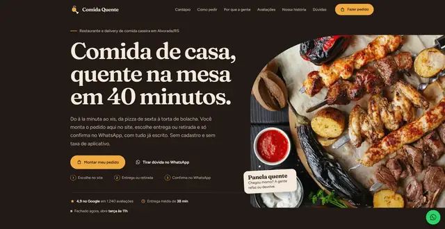 Tela inicial do site de exemplo Comida Quente, restaurante e delivery de comida caseira