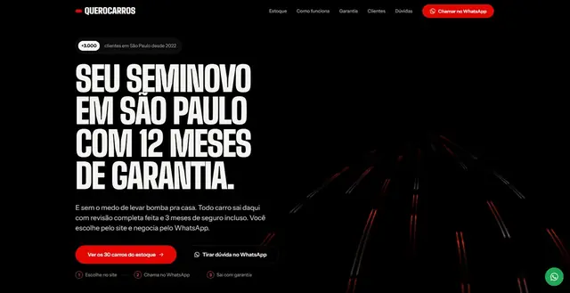 Tela inicial do site de exemplo QueroCarros, loja de seminovos