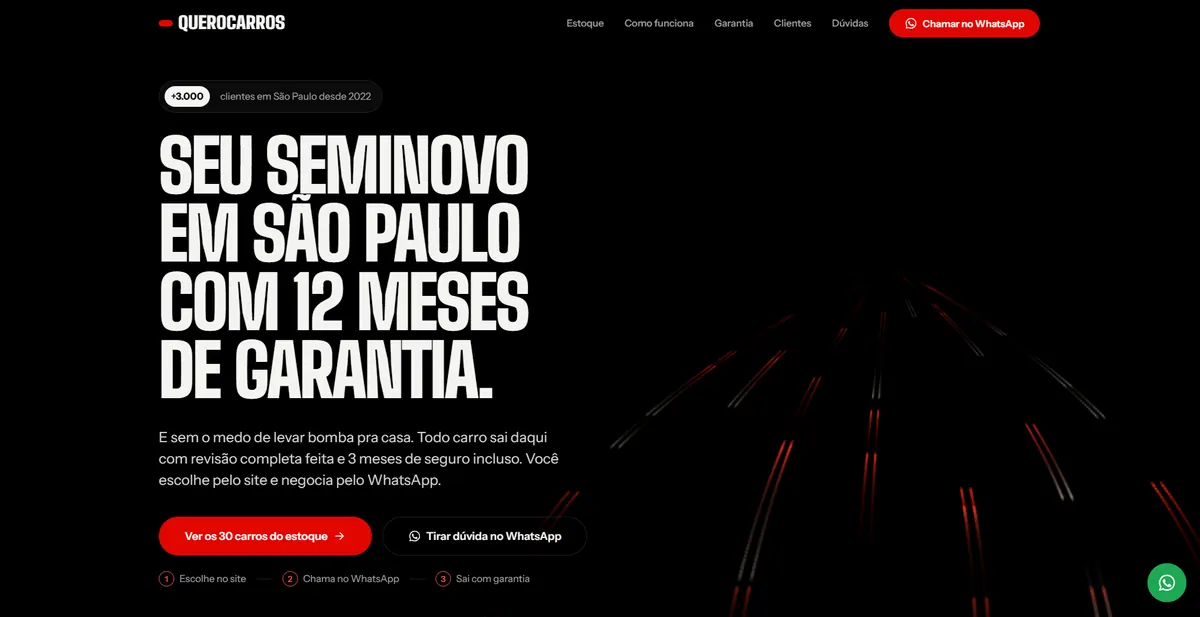 Tela inicial do site de exemplo QueroCarros, loja de seminovos