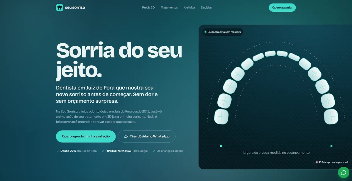 Tela inicial do site de exemplo Seu Sorriso, clínica odontológica